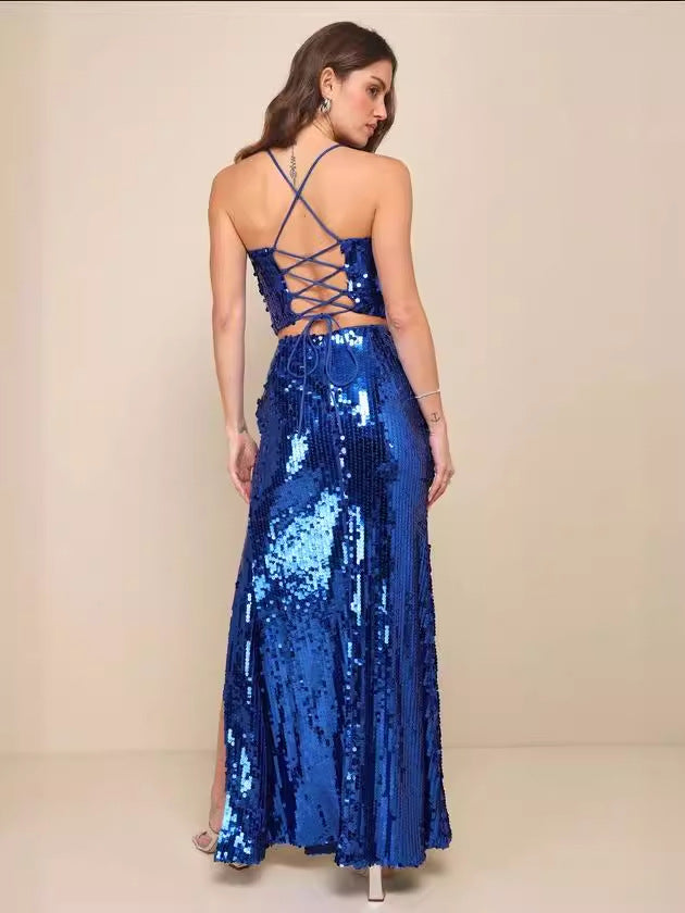 SEQUIN LACE-UP TWO-PIECE MAXI DRESS - Fashionpara