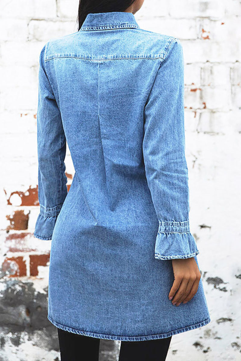 Long sleeve slim fit lapel denim dress - Fashionpara