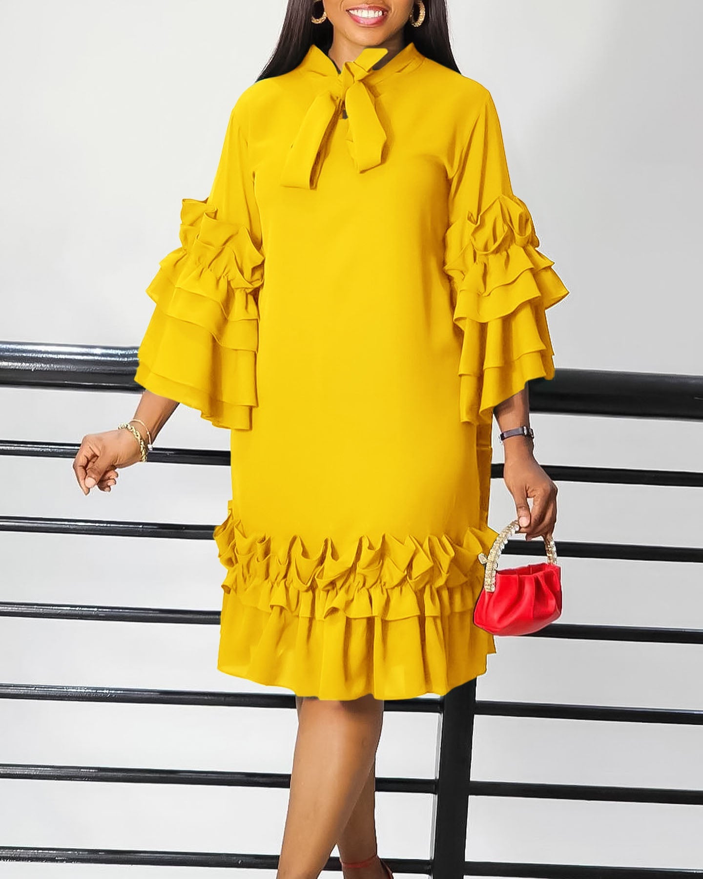 Chic Frilled Hem Bell Sleeve Solid Midi Dress