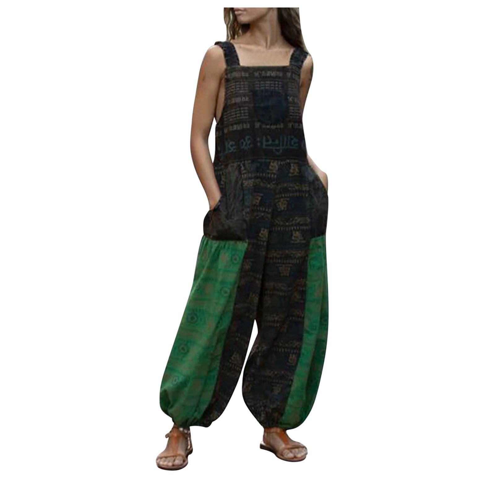 Loose Sling Print Pocket Casual Jumpsuit - Fashionpara