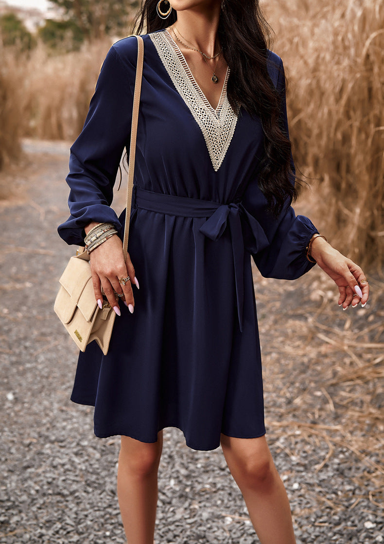 Elegant Spliced V-neck Long Sleeve Dress