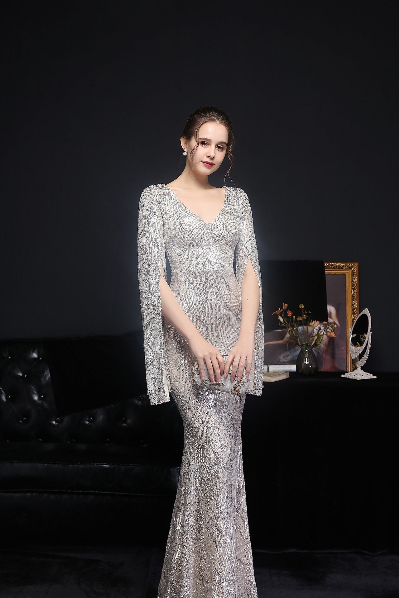 Natalie Open Sleeve Formal Sequined Mermaid Dress - Fashionpara