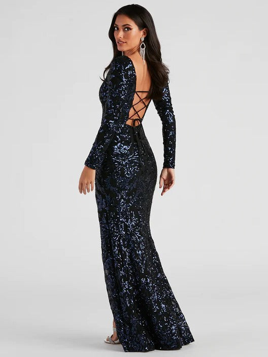 Backless Lace-Up Long Sleeve Sequin Party Dress - Fashionpara