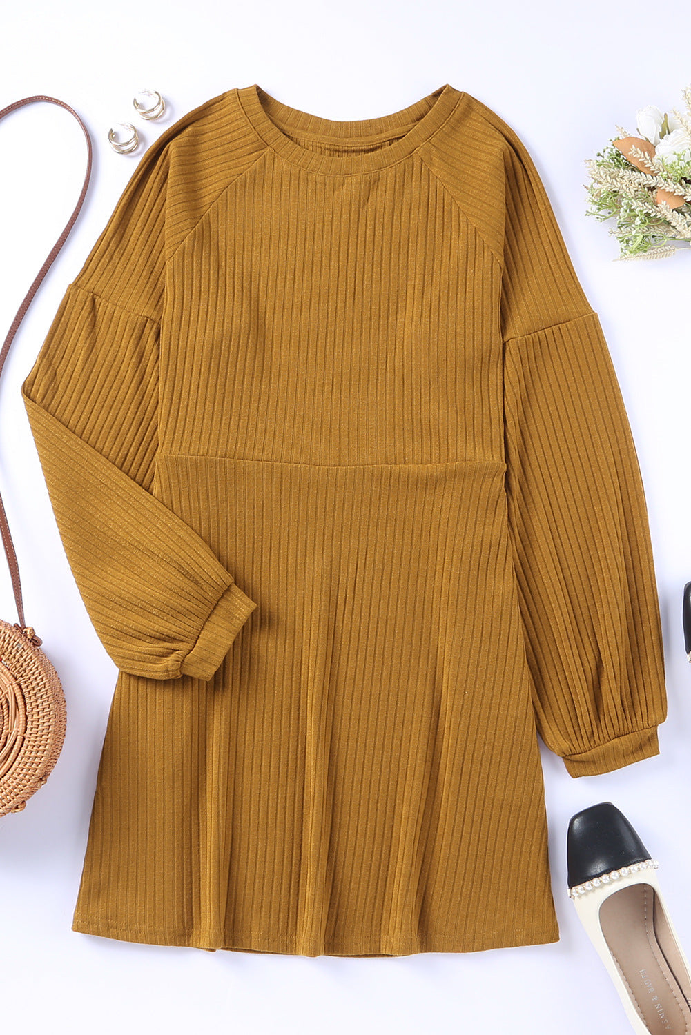 Solid color round neck high waist knitted midi dress - Fashionpara