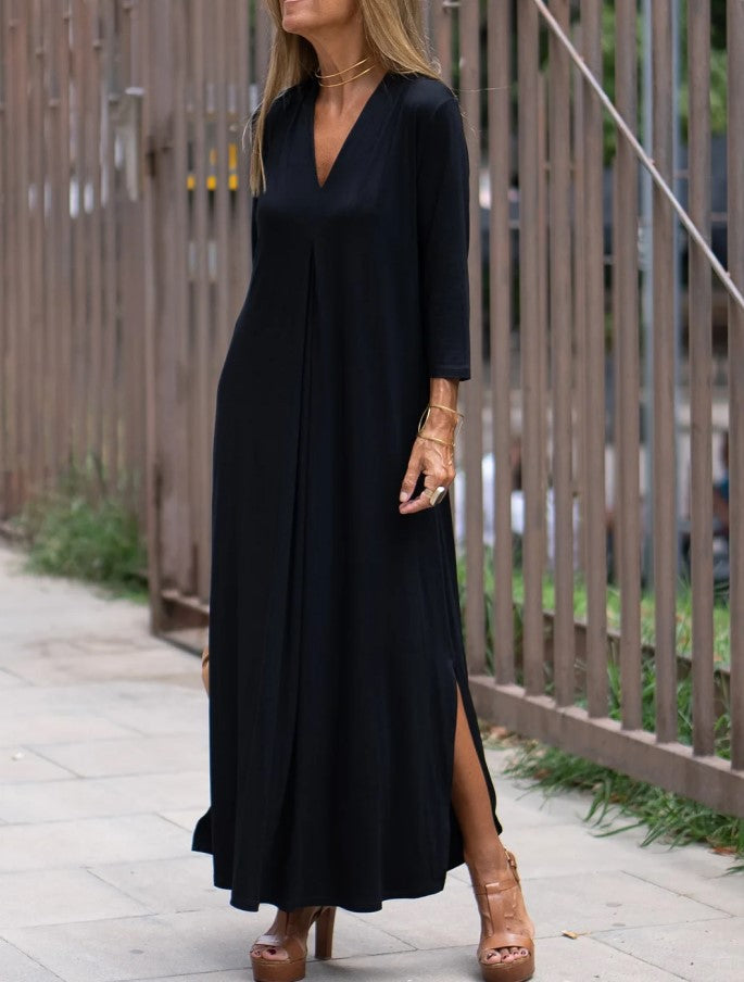 Solid color V-neck three-quarter sleeve slit dress