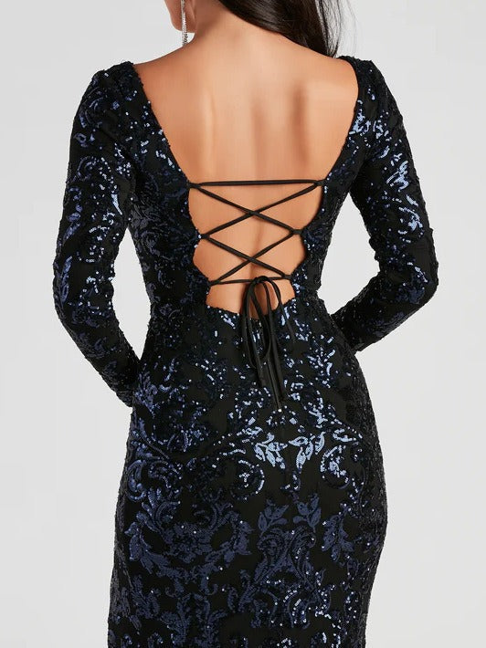 Backless Lace-Up Long Sleeve Sequin Party Dress - Fashionpara