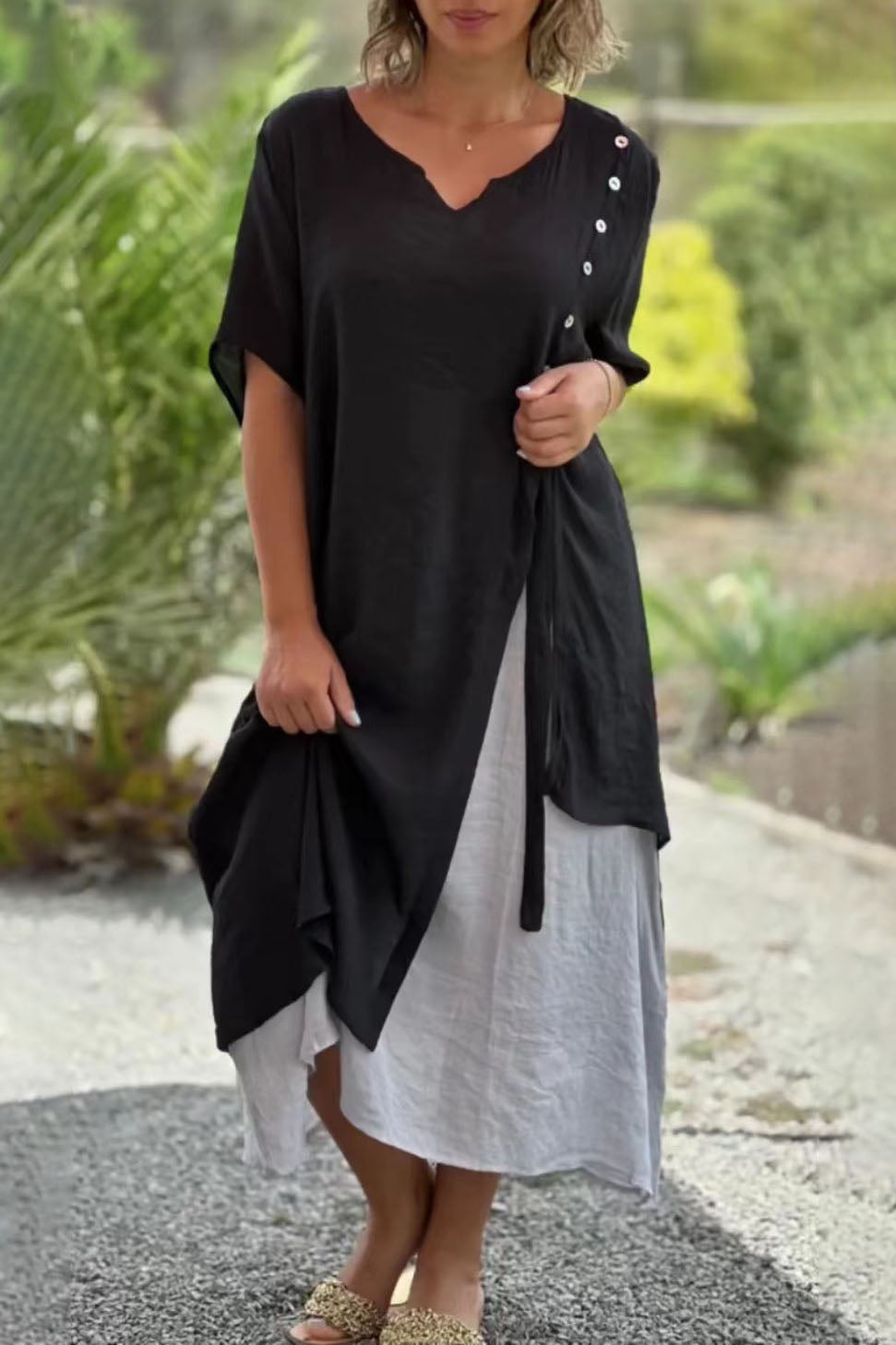 V-neck Short Sleeve Asymmetrical Two-piece Look Dress - Fashionpara