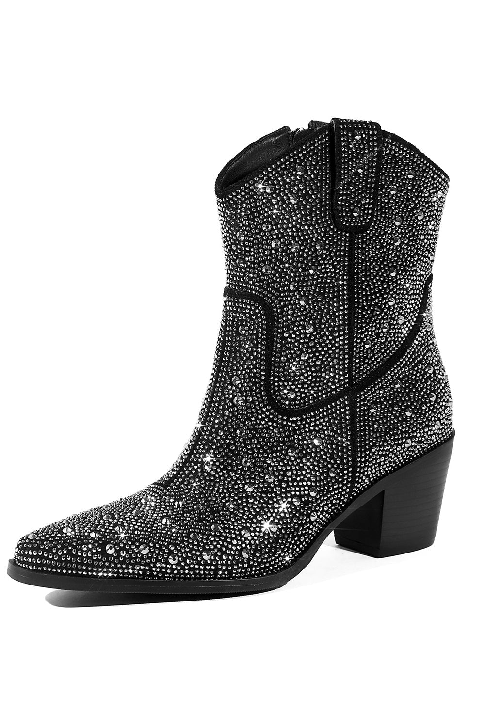 Black Rhinestone Contrast Color Western Ankle Boots