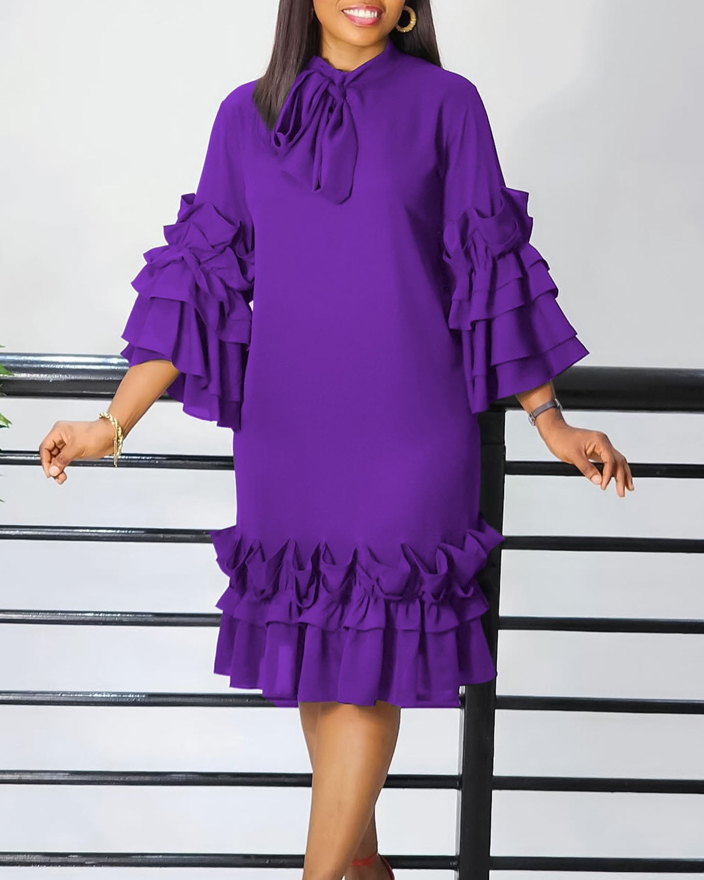 Chic Frilled Hem Bell Sleeve Solid Midi Dress