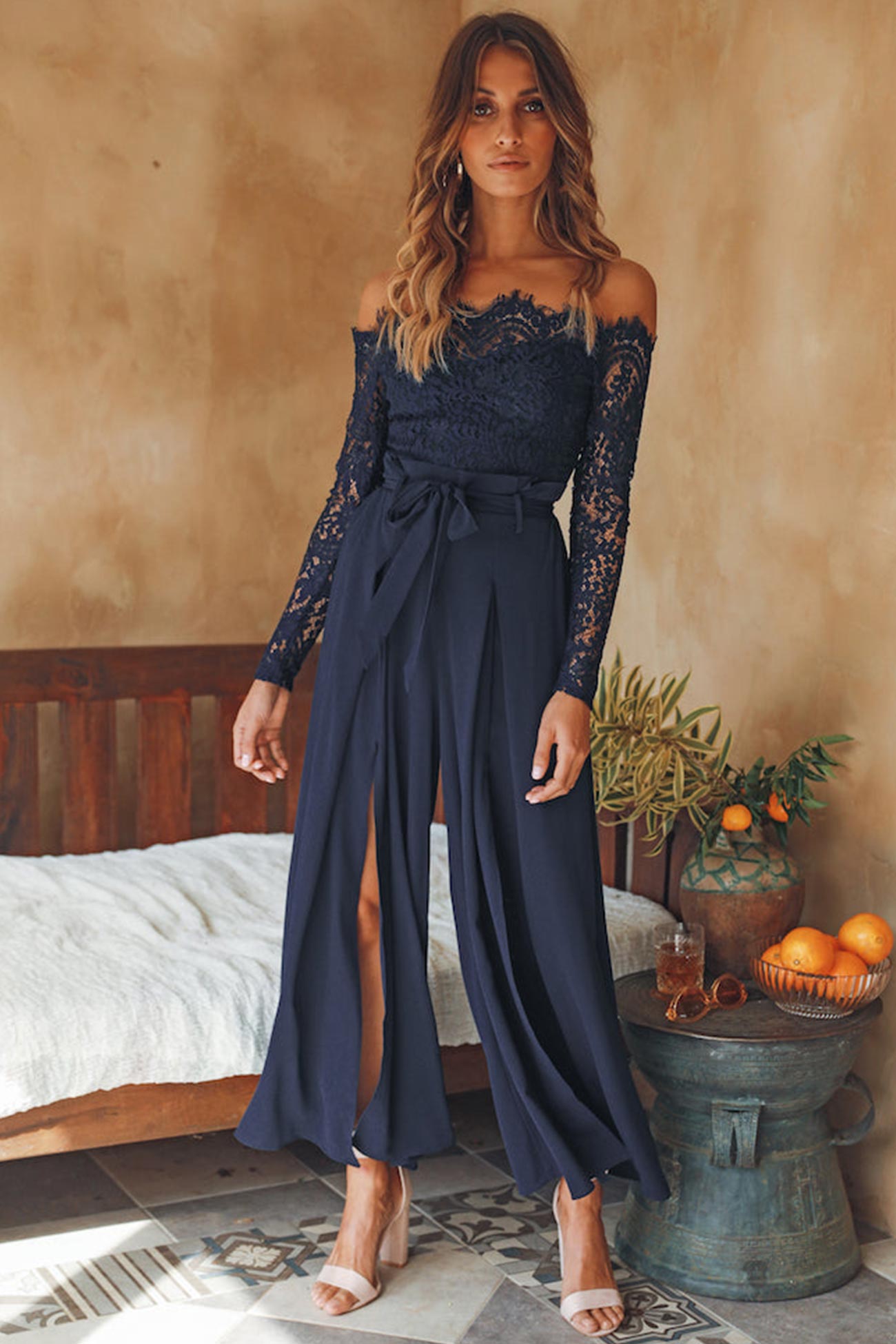 Off Shoulder Lace Patchwork Split Jumpsuits