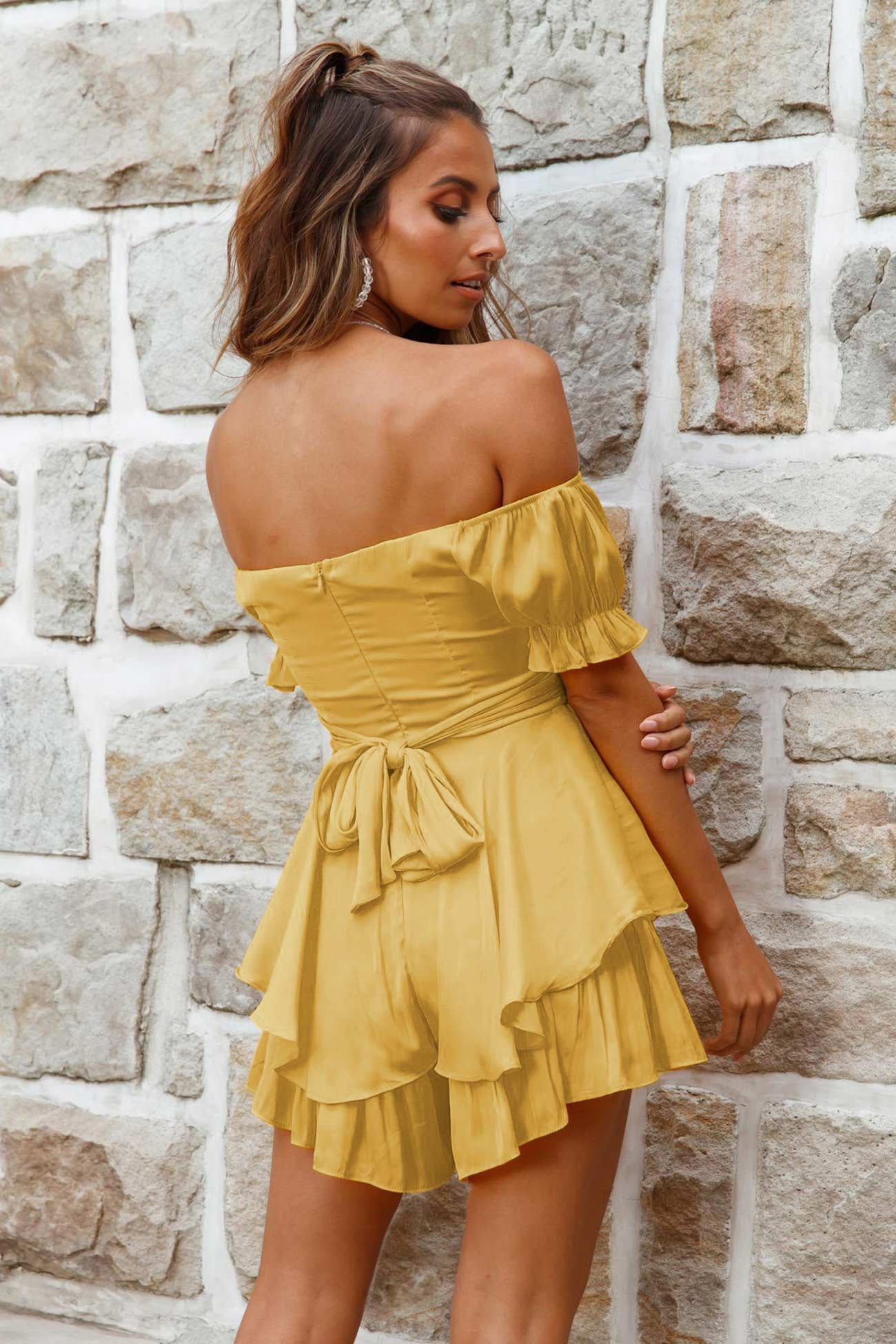 Off Shoulder Tie Back Ruffled Skirt Pants