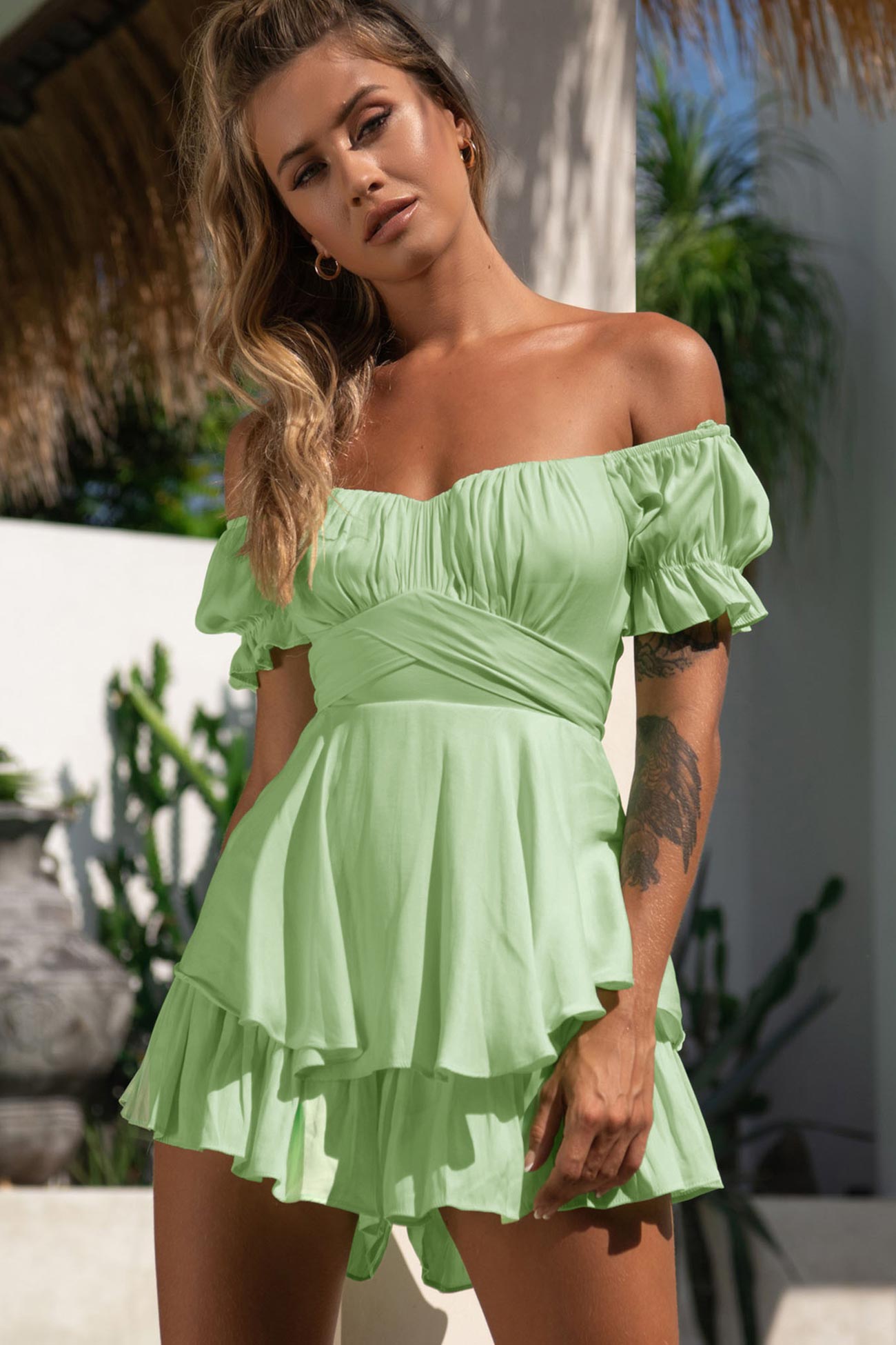 Off Shoulder Tie Back Ruffled Skirt Pants