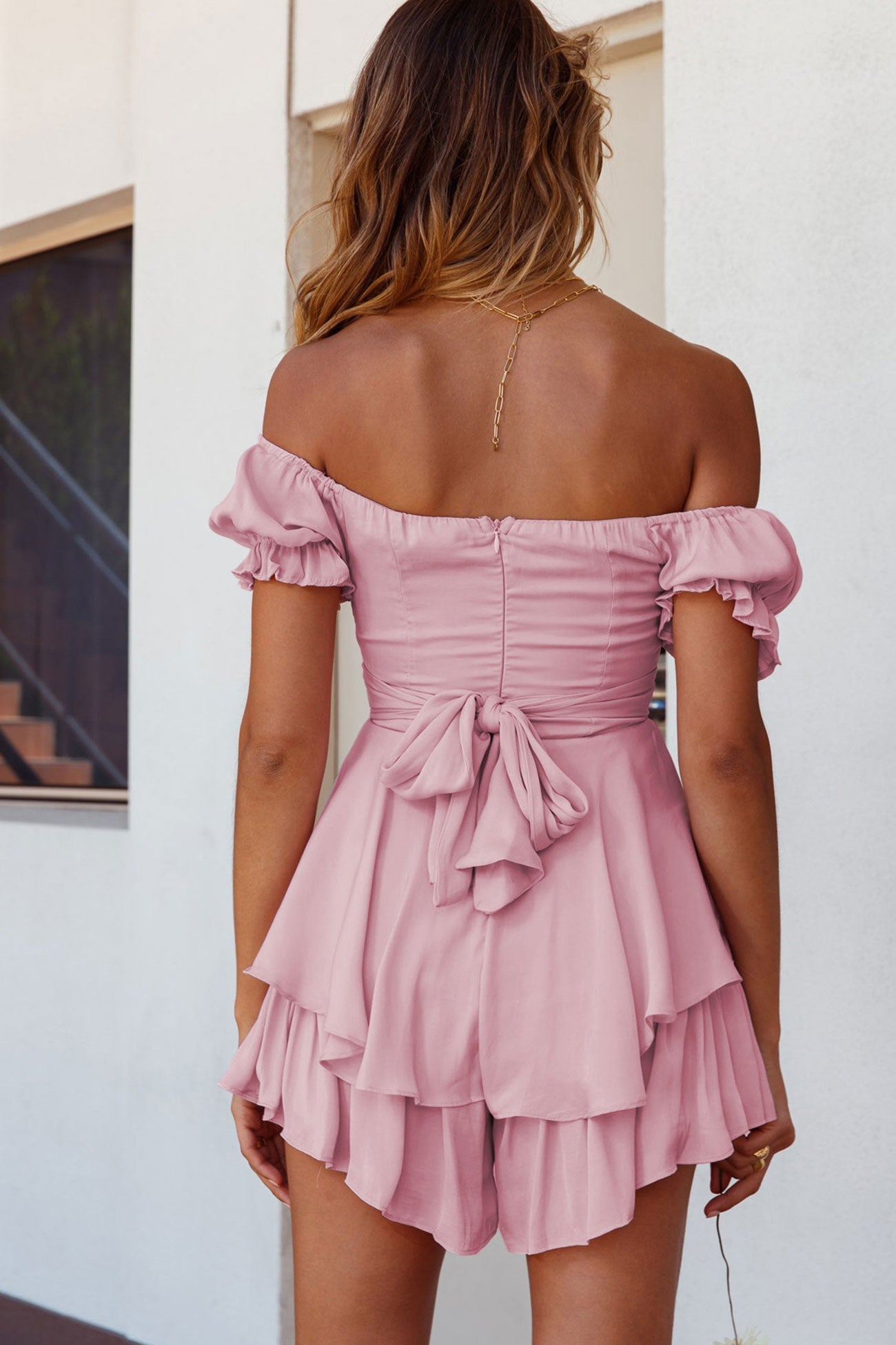 Off Shoulder Tie Back Ruffled Skirt Pants