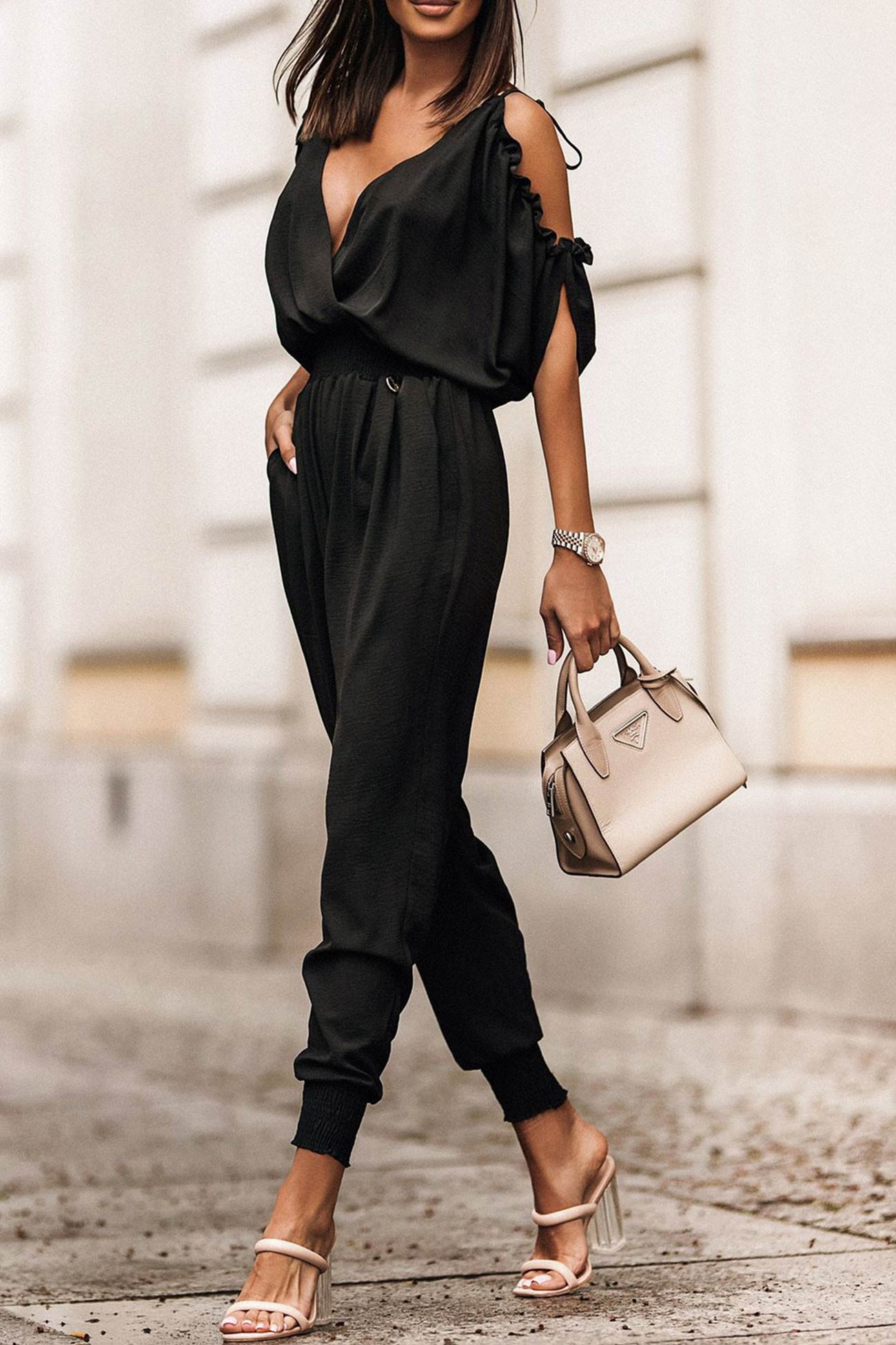 Off-shoulder V Neck High Waist Jumpsuits