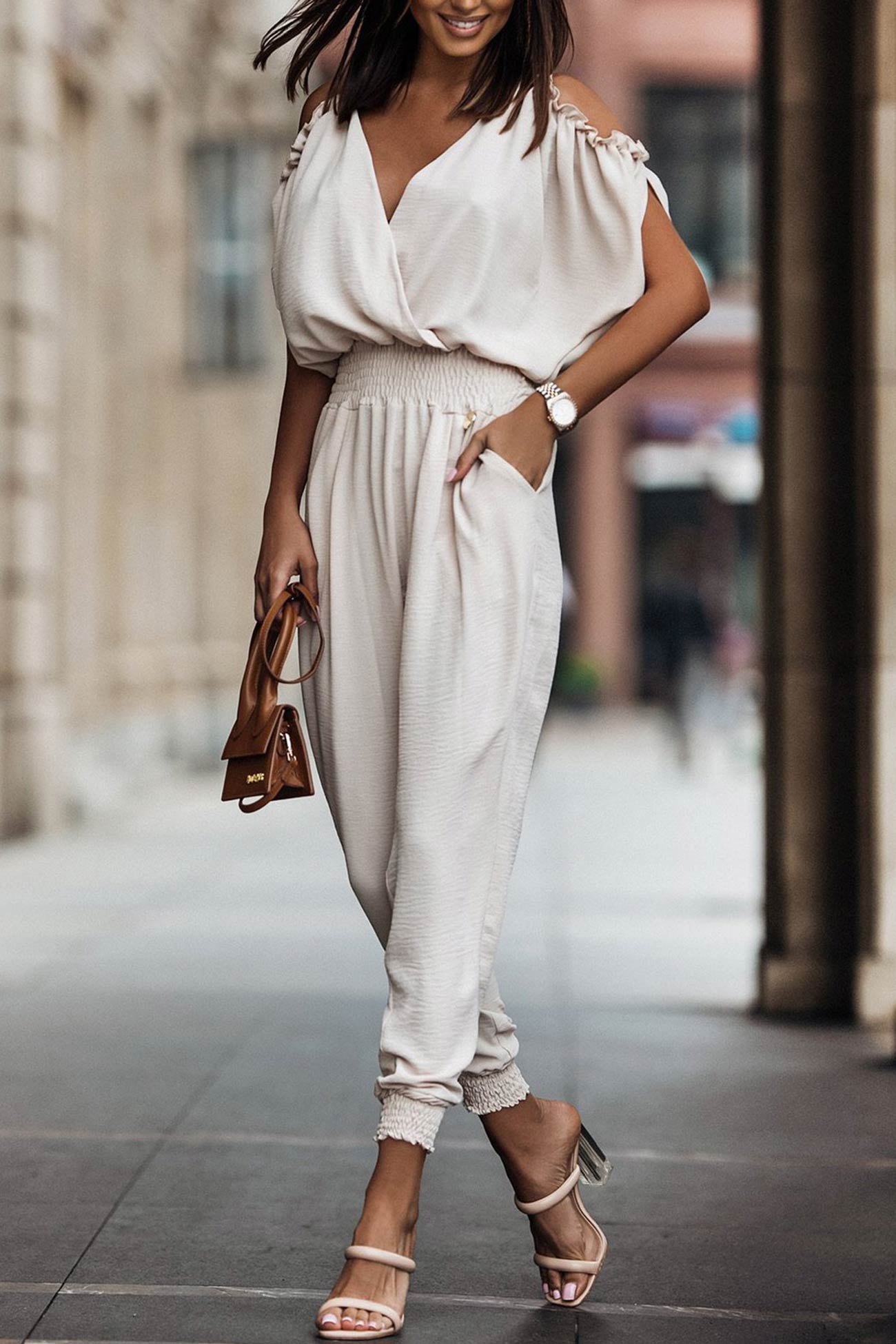 Off-shoulder V Neck High Waist Jumpsuits