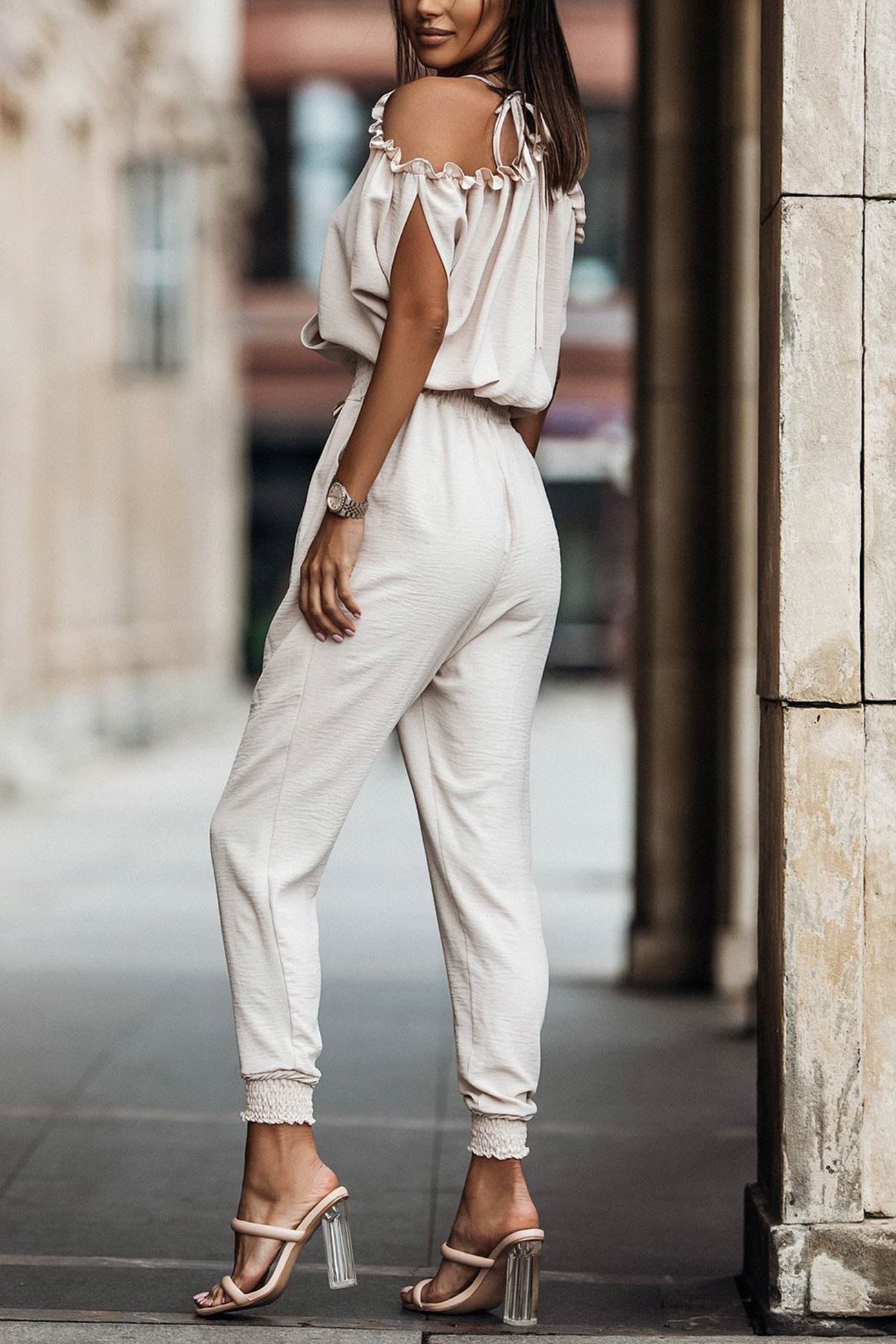 Off-shoulder V Neck High Waist Jumpsuits