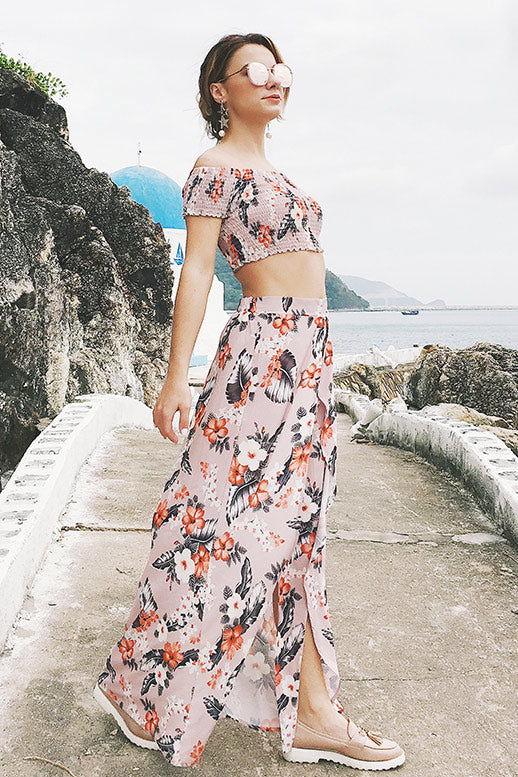 Off-the-shoulder Floral Slit Two Piece Sets