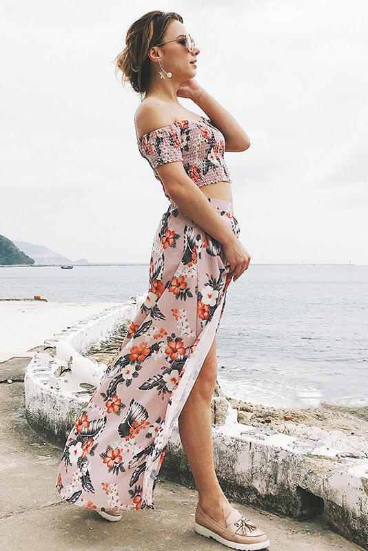 Off-the-shoulder Floral Slit Two Piece Sets