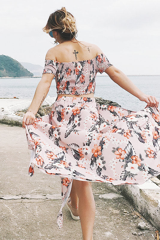 Off-the-shoulder Floral Slit Two Piece Sets