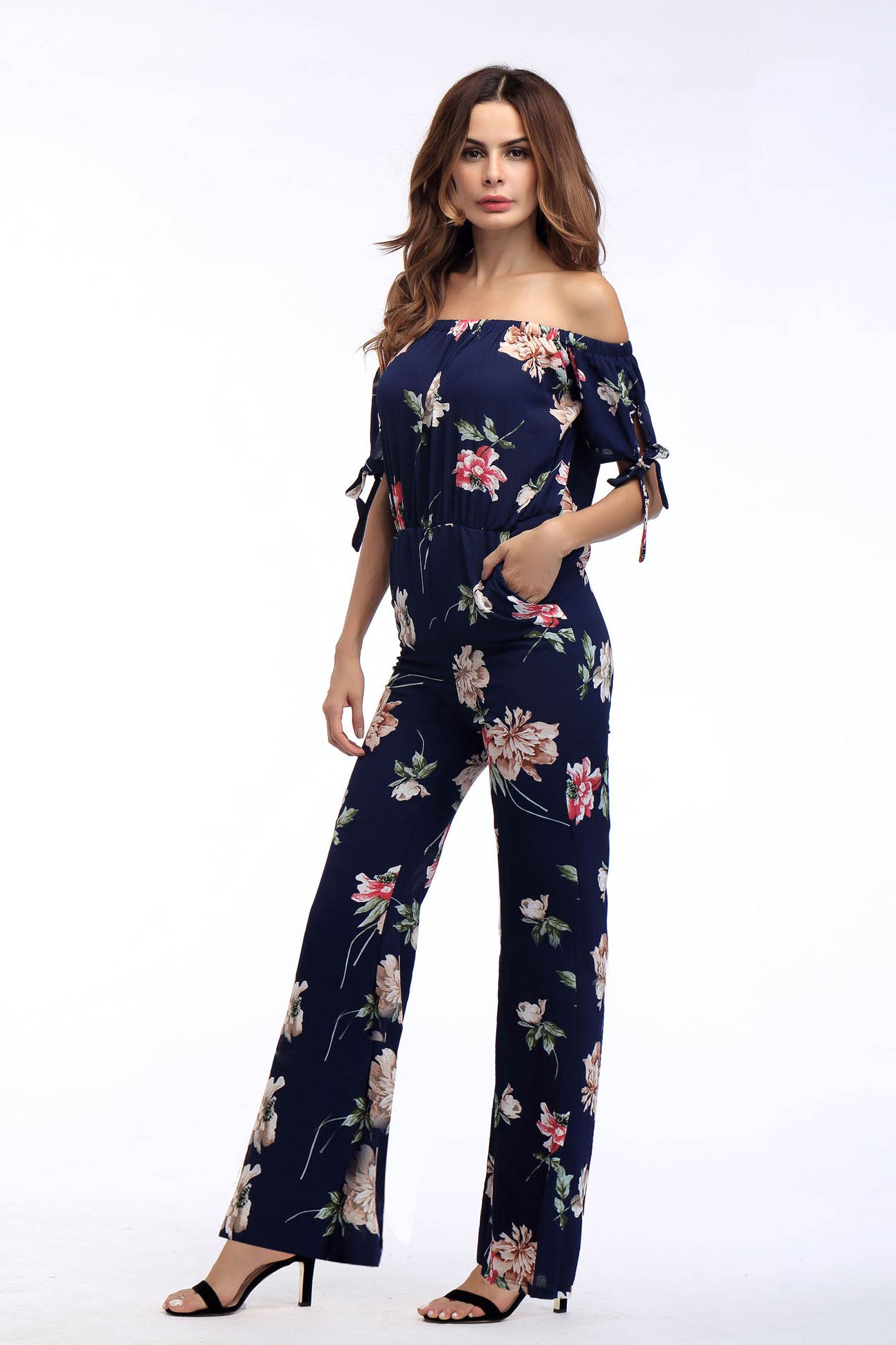 Off-the-shoulder Knot Cuff Chiffon Jumpsuit - Mislish