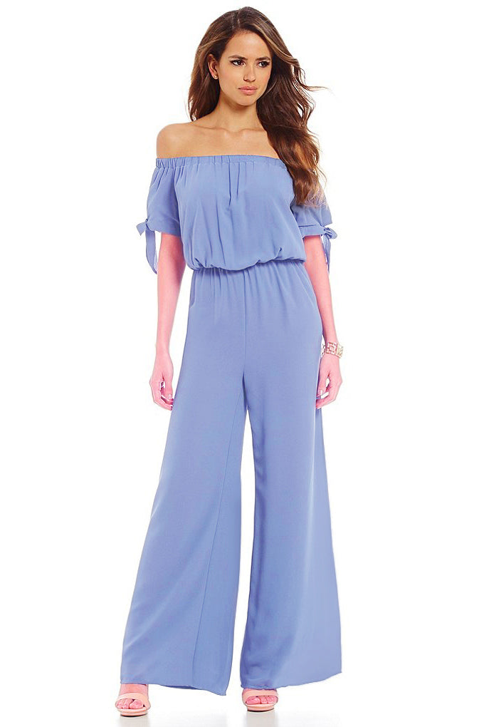 Off-the-shoulder Knot Cuff Chiffon Jumpsuit - Mislish