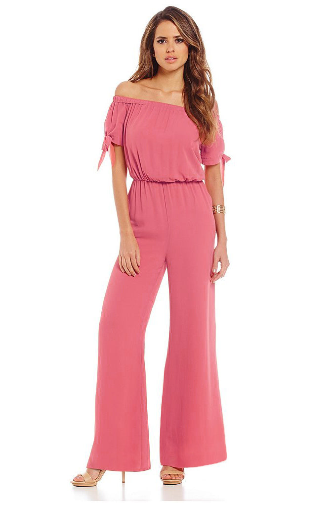 Off-the-shoulder Knot Cuff Chiffon Jumpsuit - Mislish