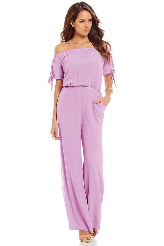 Off-the-shoulder Knot Cuff Chiffon Jumpsuit - Mislish