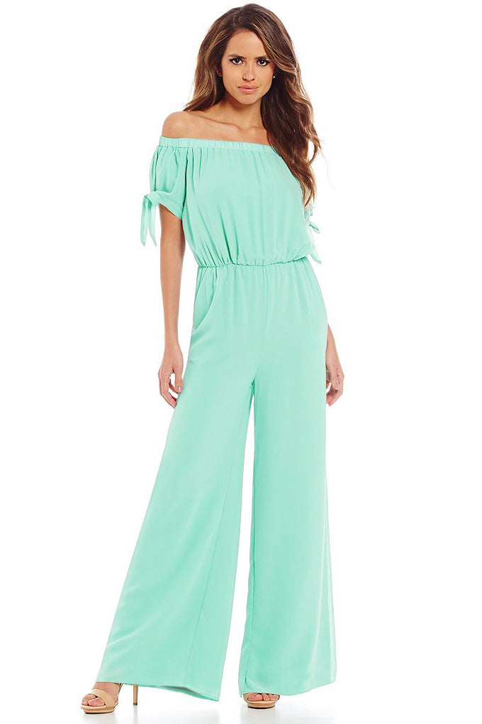 Off-the-shoulder Knot Cuff Chiffon Jumpsuit - Mislish