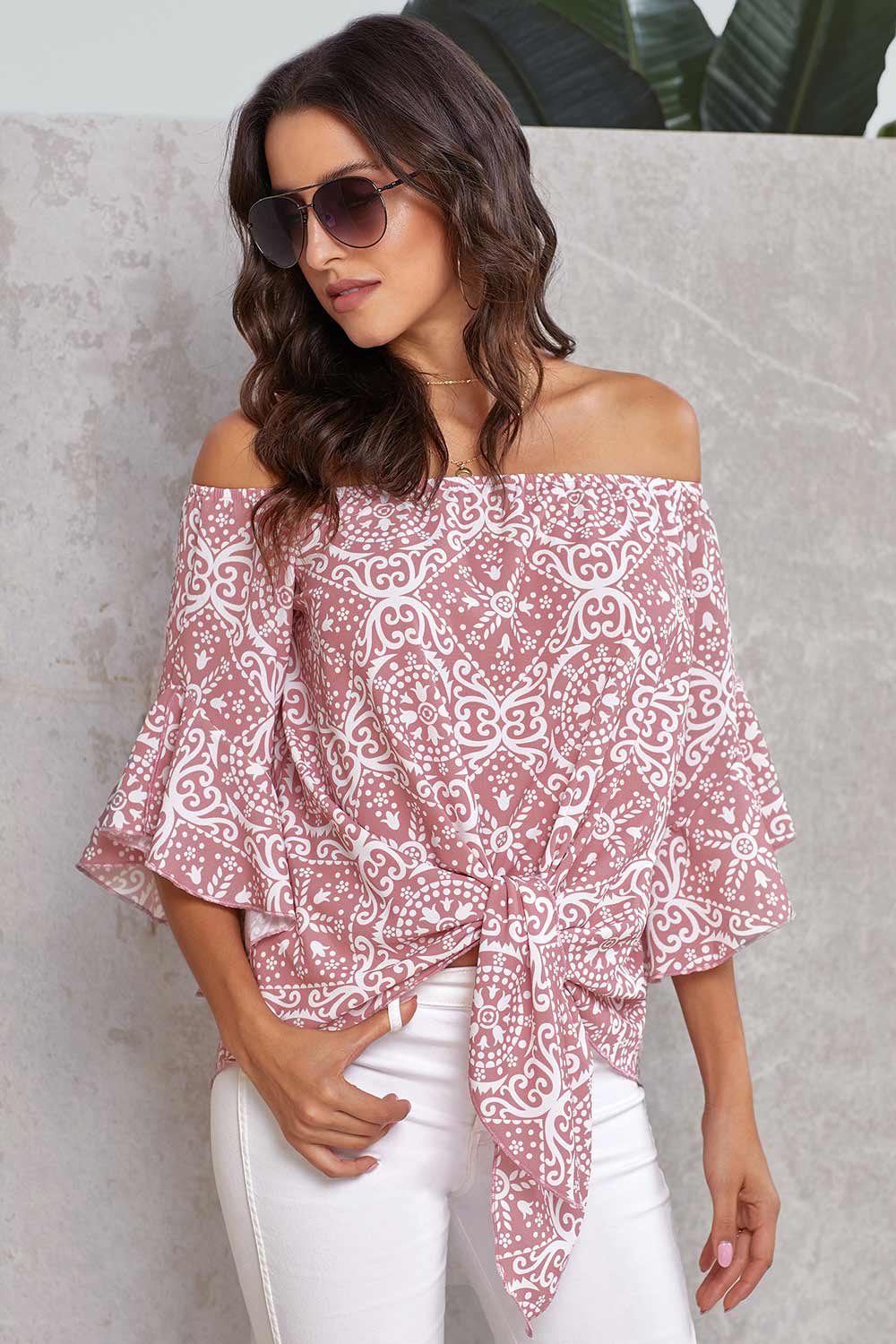 Off-the-shoulder Knot Front Blouse With Trumpet Sleeves - Mislish