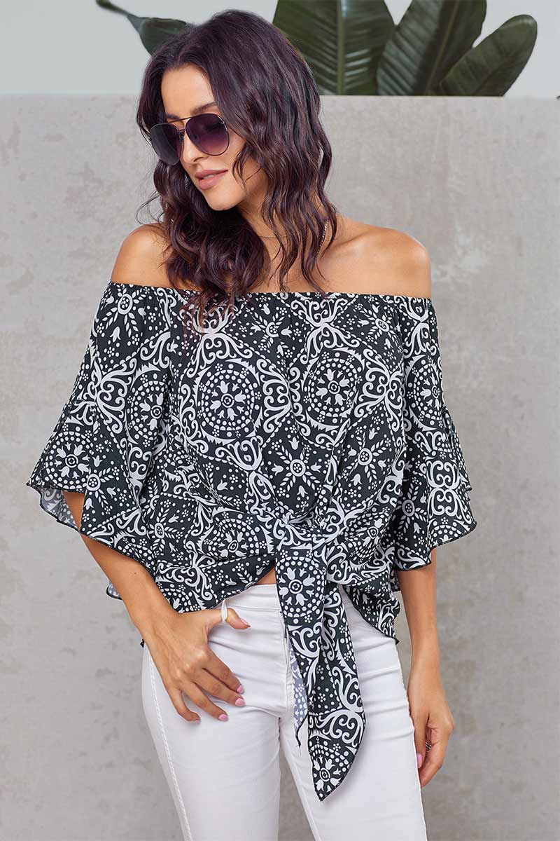 Off-the-shoulder Knot Front Blouse With Trumpet Sleeves - Mislish