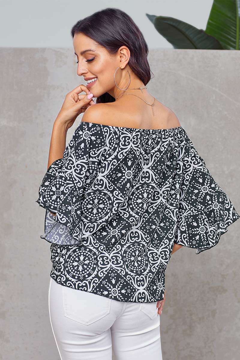 Off-the-shoulder Knot Front Blouse With Trumpet Sleeves