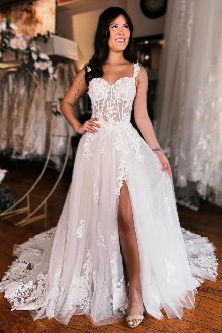 A-line Off the shoulder Lace Wedding Dress with High Split