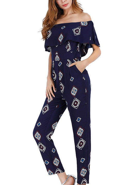 Off-the-shoulder Printed Chiffon Jumpsuit - Mislish