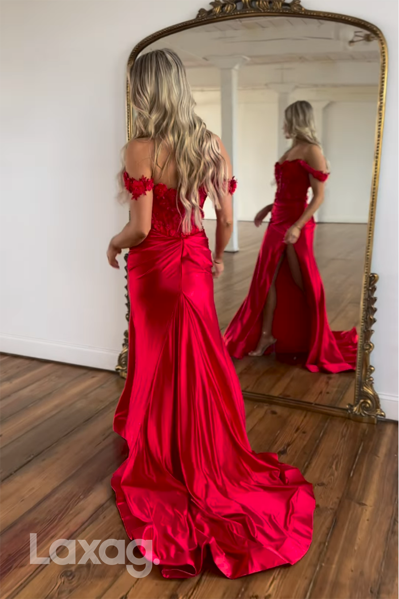 22477 - Off Shoulder Appliques High Slit Mermaid Party Prom Formal Evening Dresses - Fashionpara