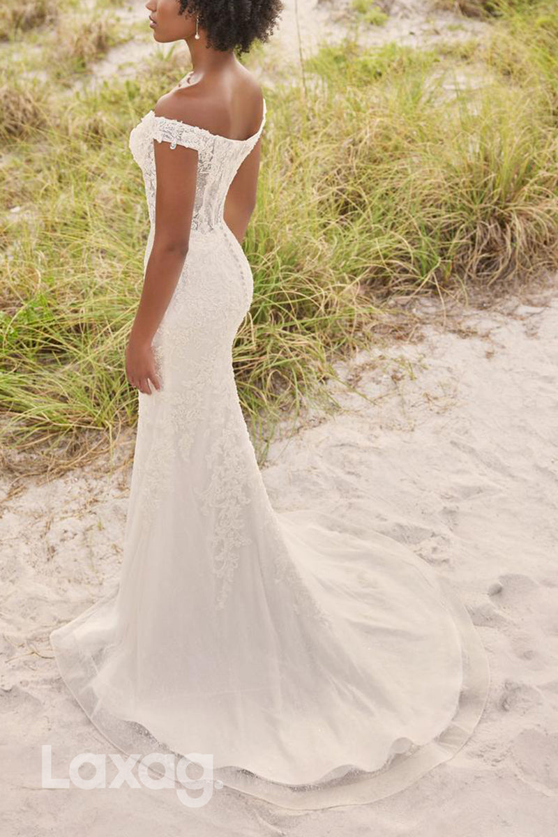 22594 - Off Shoulder Appliques High Slit Mermaid Wedding Dress with Train - Fashionpara