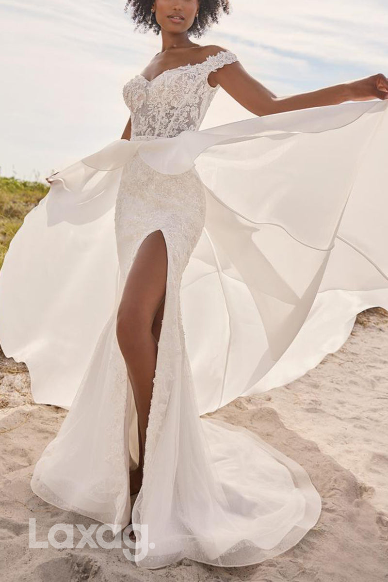 22594 - Off Shoulder Appliques High Slit Mermaid Wedding Dress with Train - Fashionpara