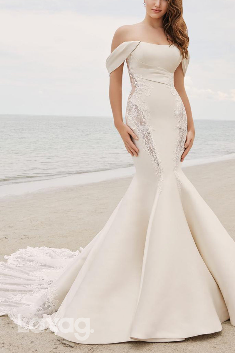 22603 - Off Shoulder Appliques illusion Mermaid Wedding Dress with Train - Fashionpara