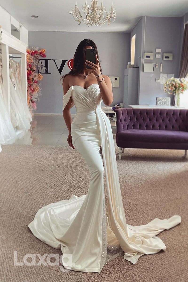 22409 - Off Shoulder Beaded Draped Sleek Satin illusion Mermaid Wedding Dress with Train - Fashionpara