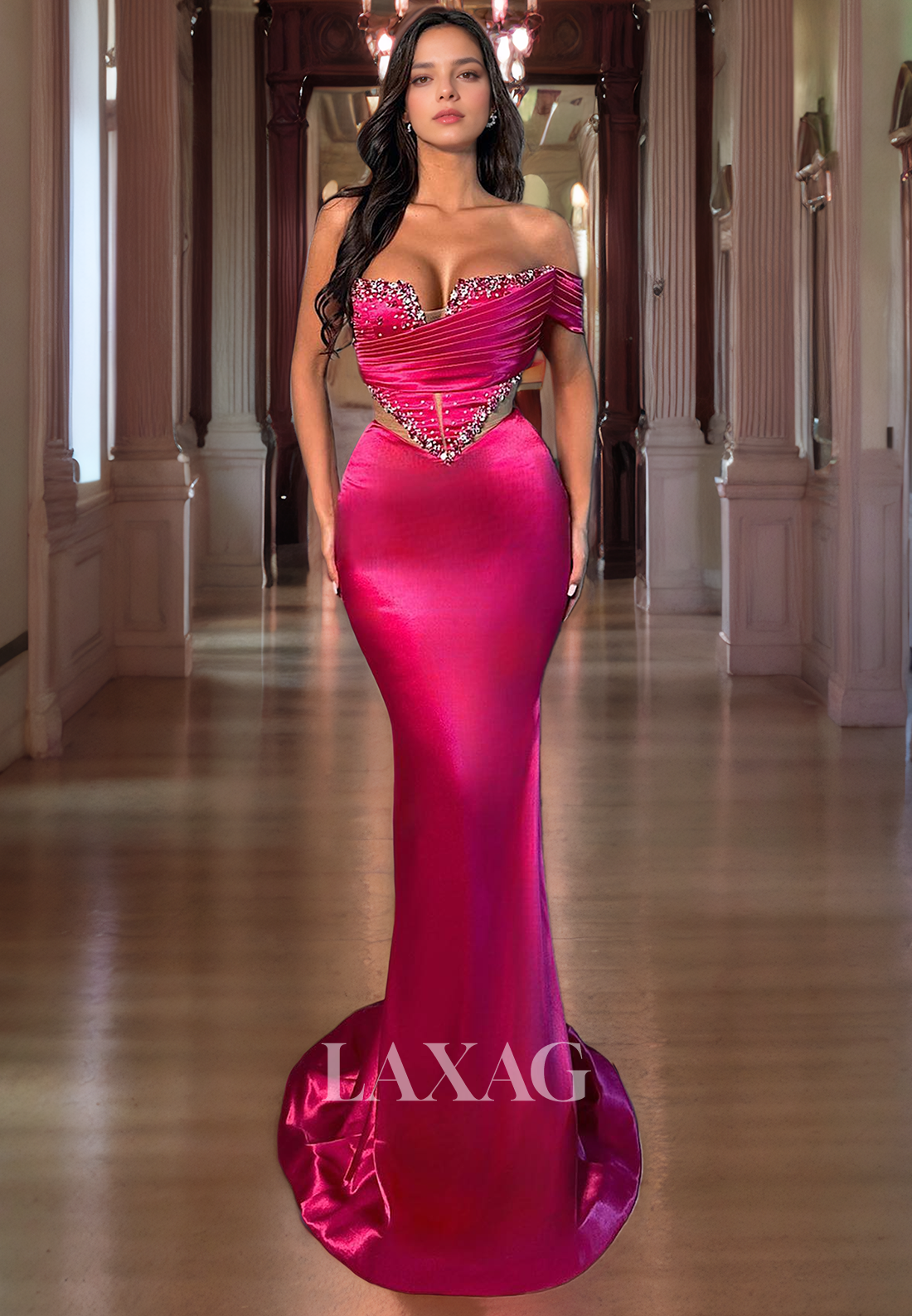 Off Shoulder Beaeded Cutout Sleek Satin Mermaid Party Prom Formal Evening Dress - Fashionpara