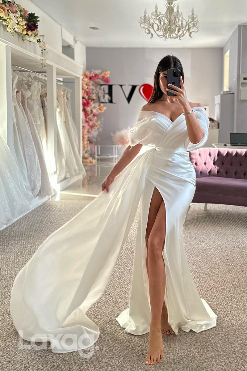 22400 - Off Shoulder Draped Sleek Satin High Slit Mermaid Wedding Dress with Train - Fashionpara