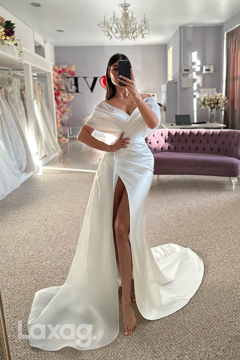 22400 - Off Shoulder Draped Sleek Satin High Slit Mermaid Wedding Dress with Train - Fashionpara