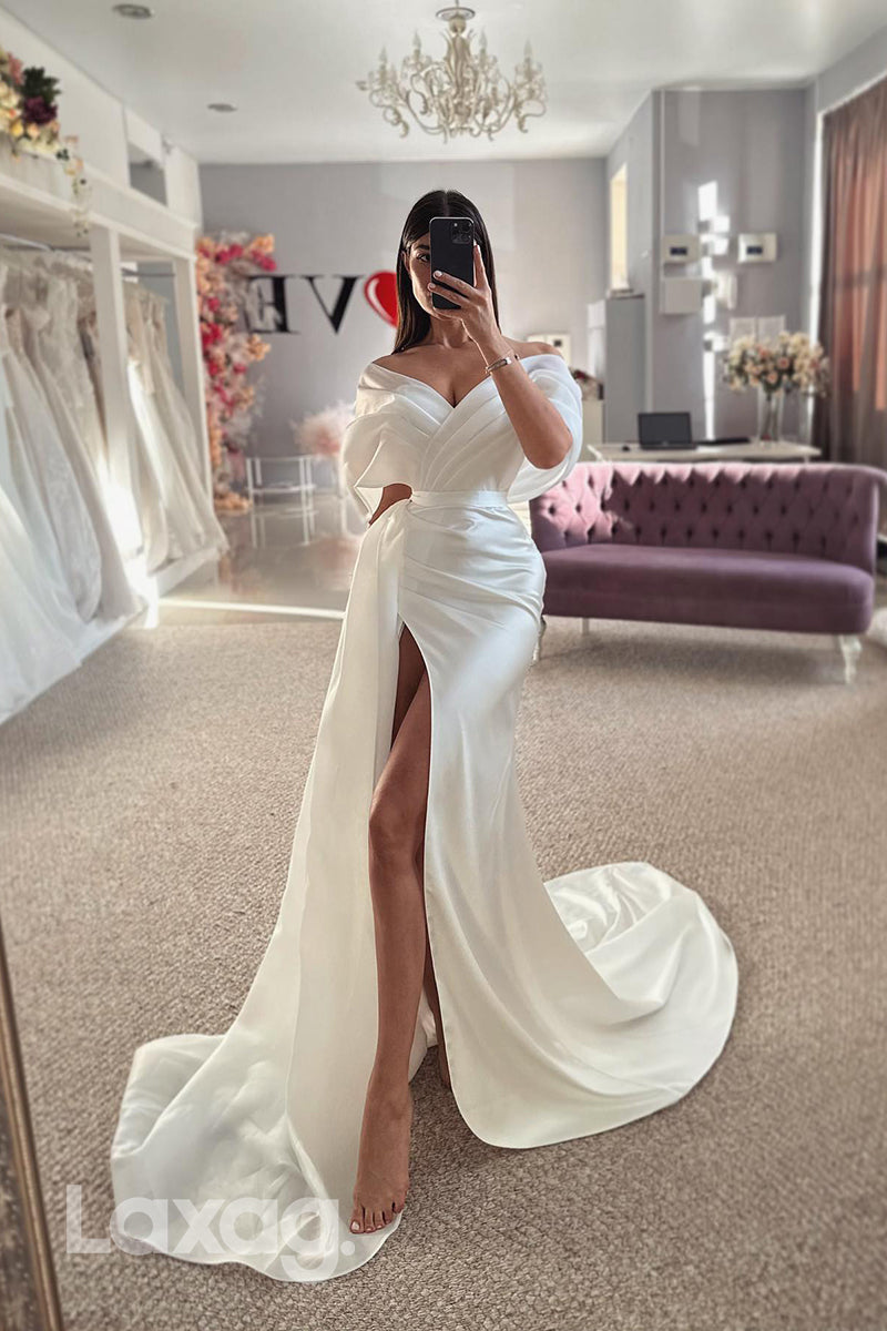 22400 - Off Shoulder Draped Sleek Satin High Slit Mermaid Wedding Dress with Train - Fashionpara