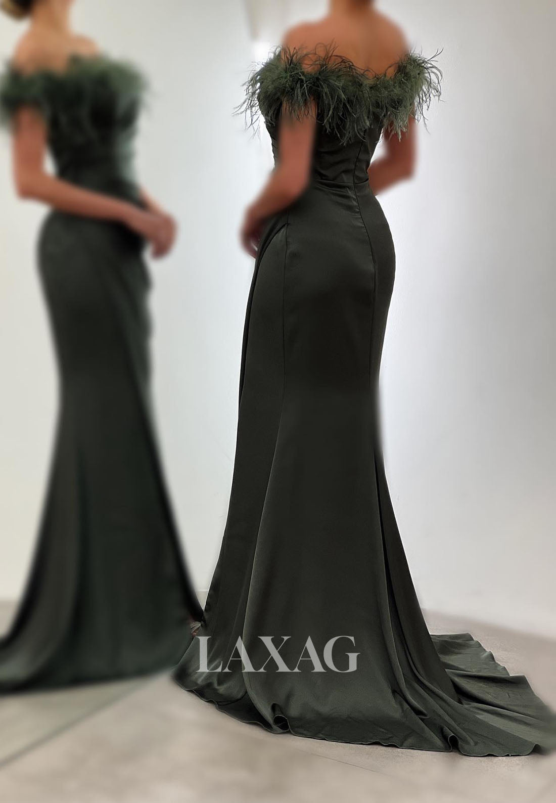 23162 - Off Shoulder Feathers Pleated Sleek Satin Party Prom Formal Evening Dress with Slit - Fashionpara