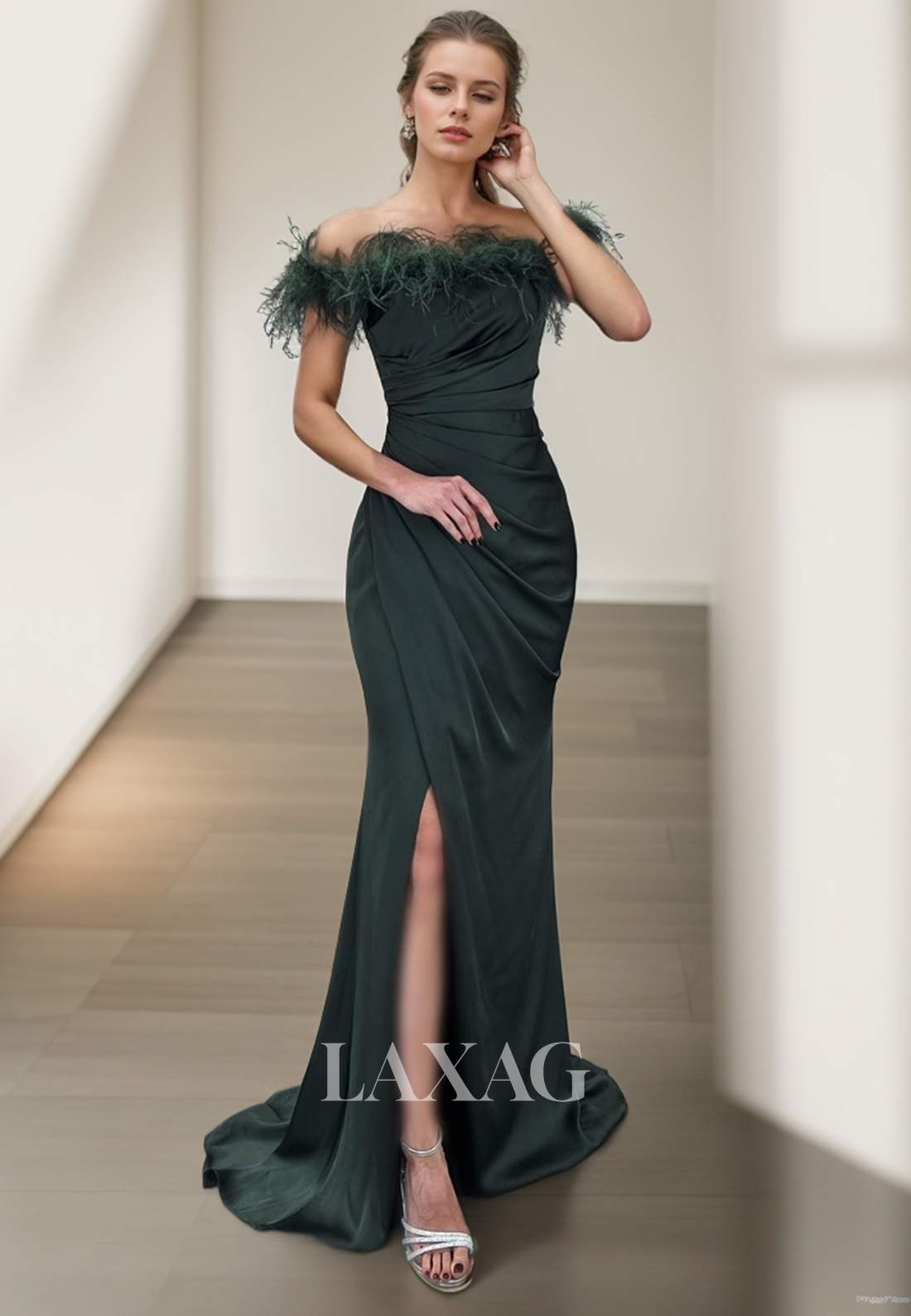 23162 - Off Shoulder Feathers Pleated Sleek Satin Party Prom Formal Evening Dress with Slit - Fashionpara