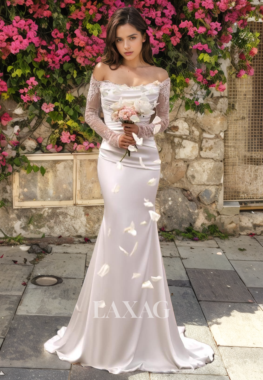 Off-Shoulder Lace Long-Sleeves Sleek Satin Pleated Mermaid Wedding Dress with Sweep Train - Fashionpara