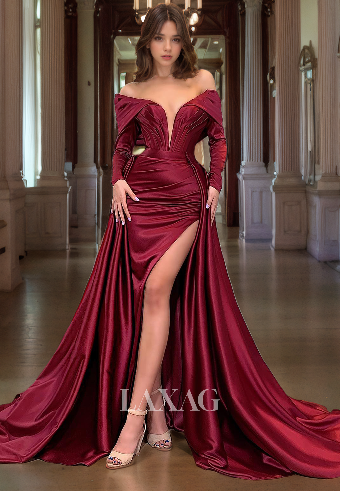 Off Shoulder Long Sleeves Sleek Satin High Slit Party Prom Formal Evening Dress with Train - Fashionpara