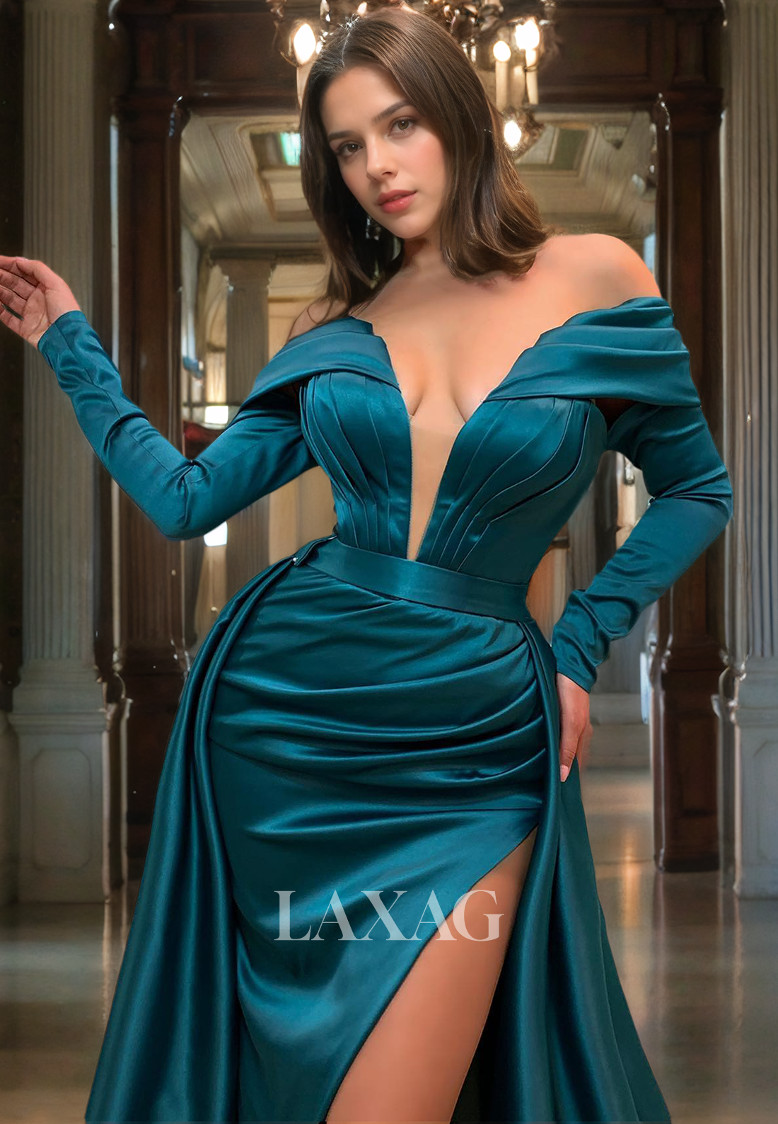 Off Shoulder Long Sleeves Sleek Satin High Slit Party Prom Formal Evening Dress with Train - Fashionpara