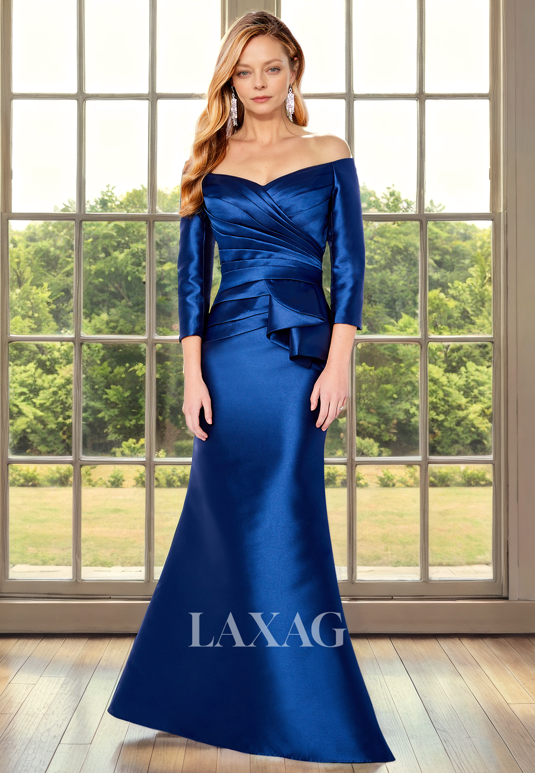 Off Shoulder Long Sleeves Sleek Satin Mermaid Mother of the Bride Dress - Fashionpara