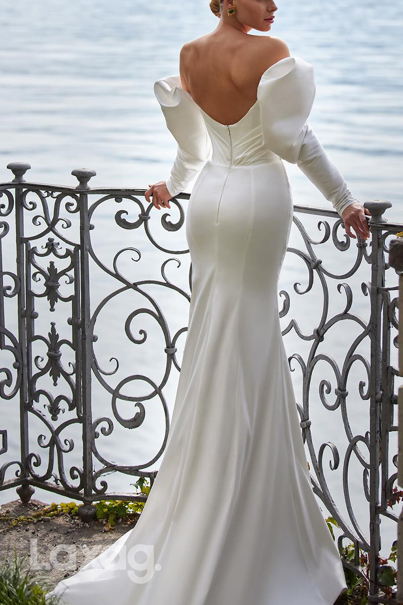 22726 - Off Shoulder Long Sleeves Sleek Satin Mermaid Wedding Dress with Sweep Train - Fashionpara