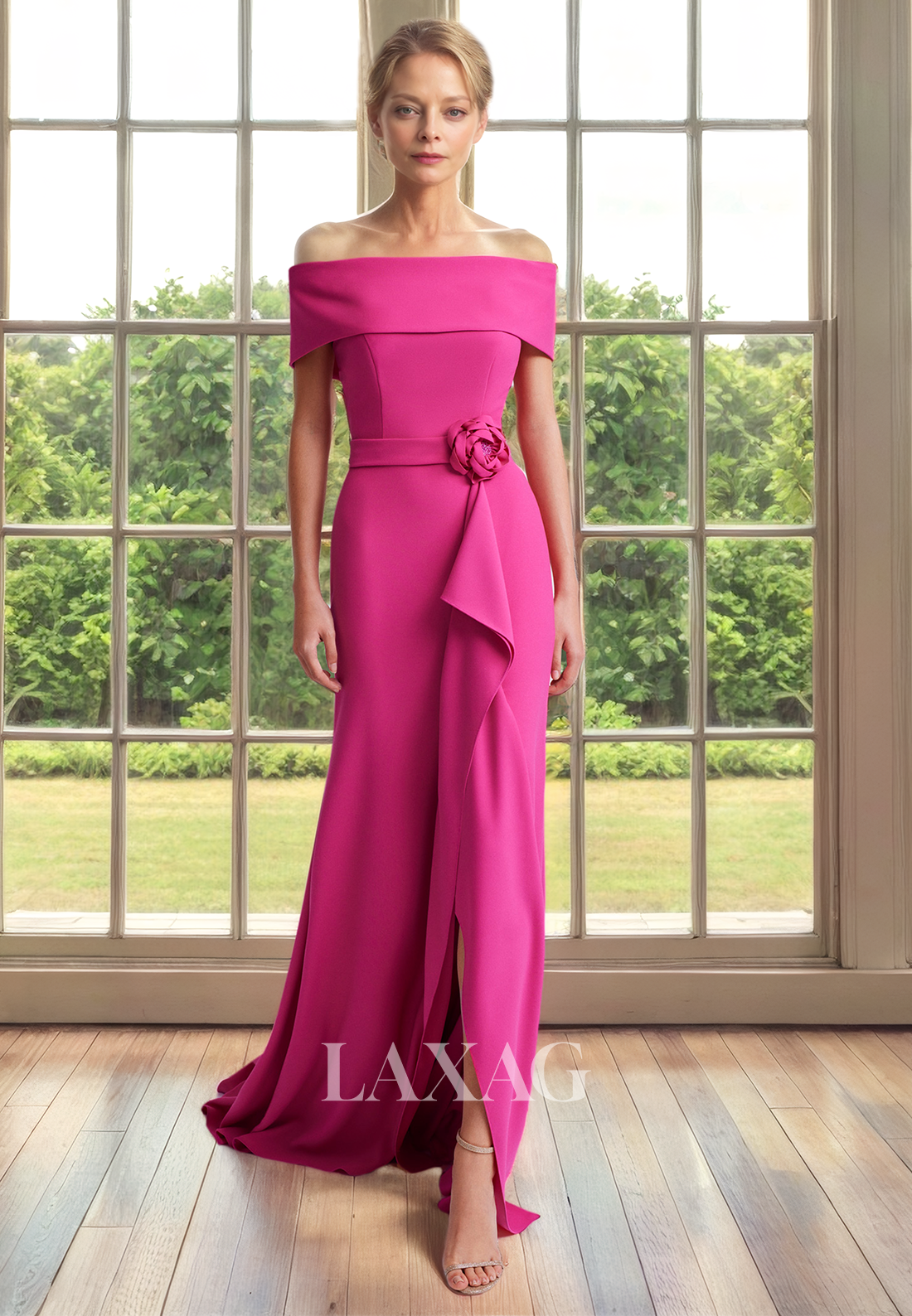 Off Shoulder Pleated Sleek Satin Elegant Mother of the Bride Dress with Train - Fashionpara